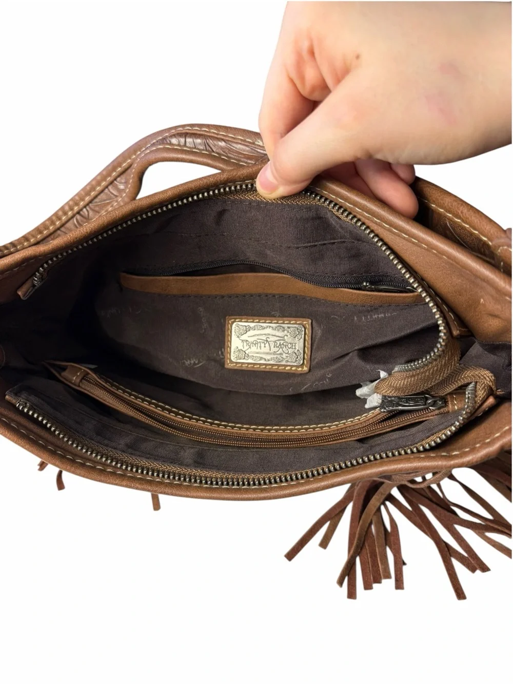 Trinity Ranch Tooled Leather Brown Purse Turquoise Stones Fringe Zippered Pocket